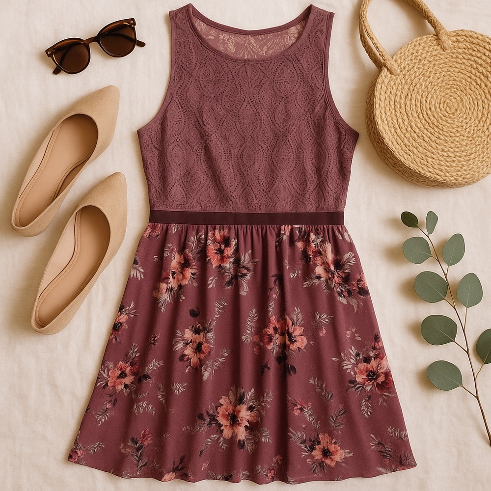 Xhilaration Mauve Lace & Floral Fit-and-Flare Dress Size Medium